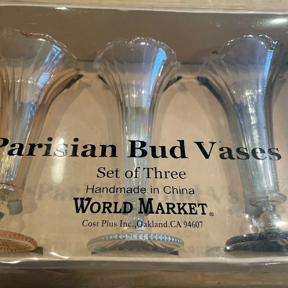Cost Plus World Market 3 Parisian Bud Vases  beveled glass blue peach white